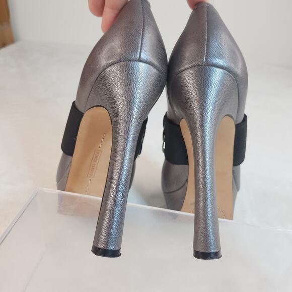 Glam Goth Platform Heels 6.5 Silver Gunmetal Metallic Studded Peep Toe Mary Jane - Picture 9 of 12